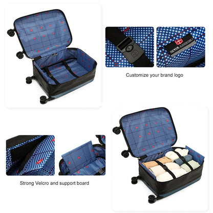 A blue ABS Portable foldable suitcase expands for travel luggage boarding internal struture