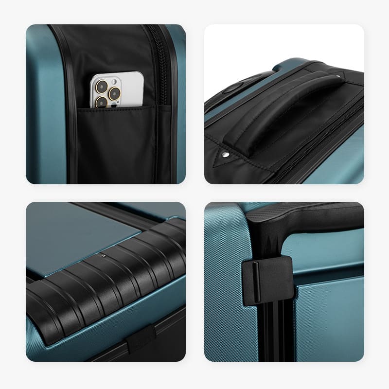 A blue ABS Portable foldable suitcase expands for travel luggage boarding internal struture details