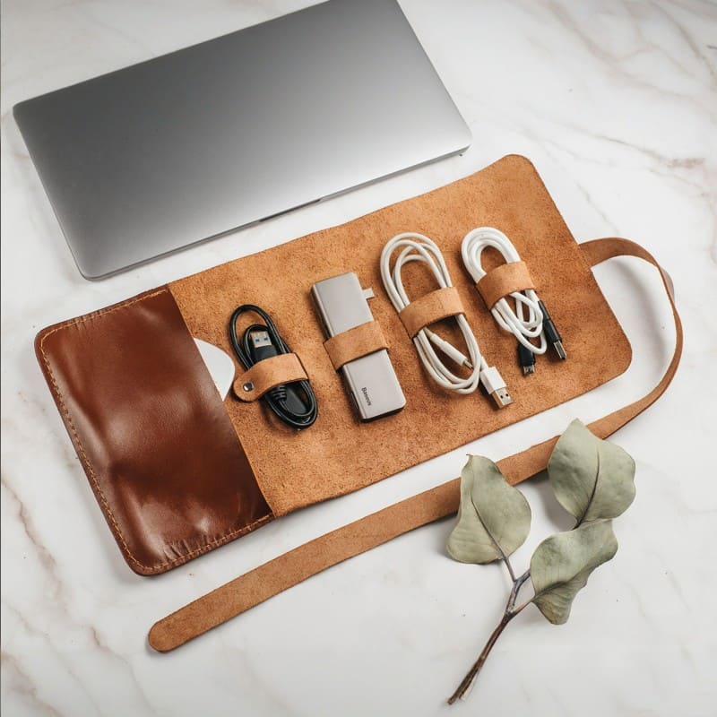 Brown open USB cable charger Charging plug Storage roll pack Laptop accessories Mouse case Storage Effect Show product image