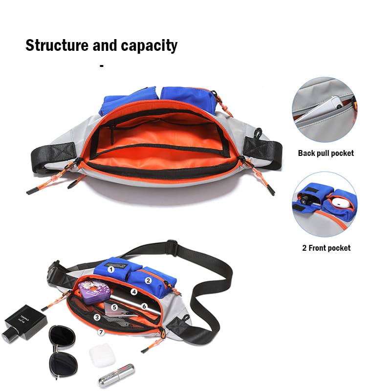 A blue fashion hiking waist bag, men's and women's leisure running bicycle Fanny pack product structure & capacity picture