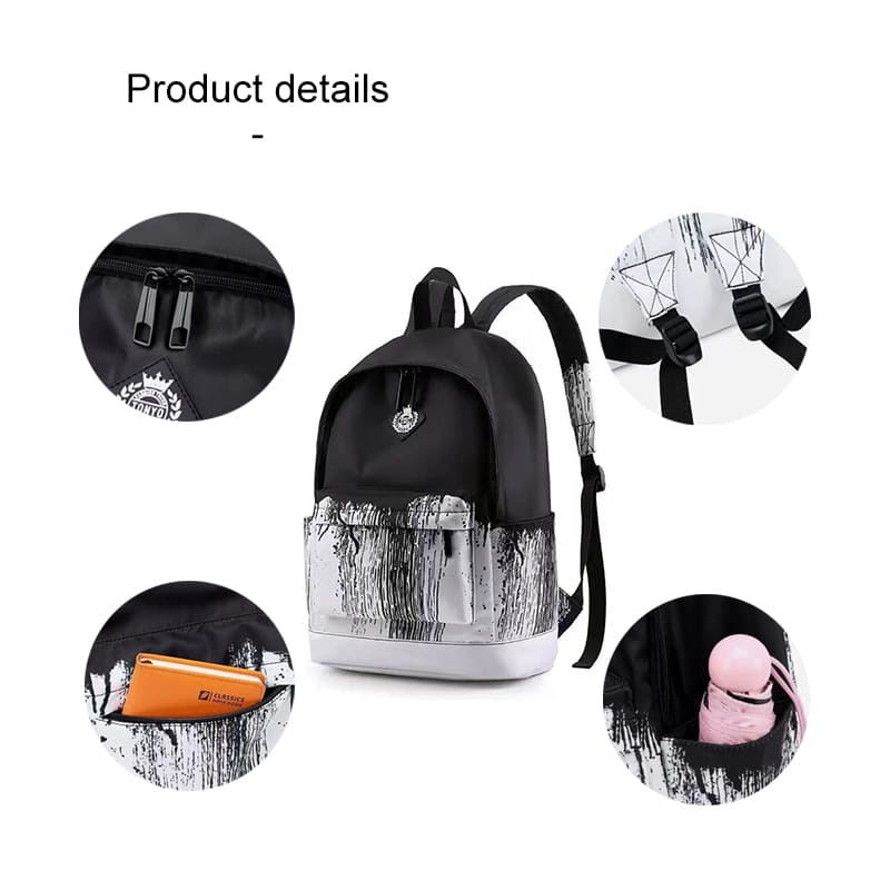 A black Lightweight nylon backpack College men's and women's shoulder bag details