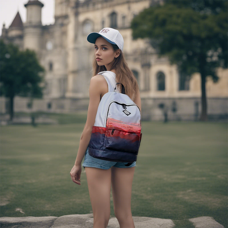 A model show off the red Lightweight nylon backpack College men's and women's shoulder bag