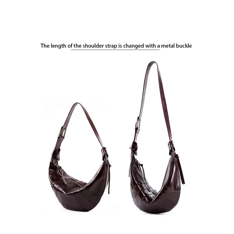 A Coffee Women Genuine Leather Horn-Shaped Shoulder Personalized Crossbody Bag strap length changed