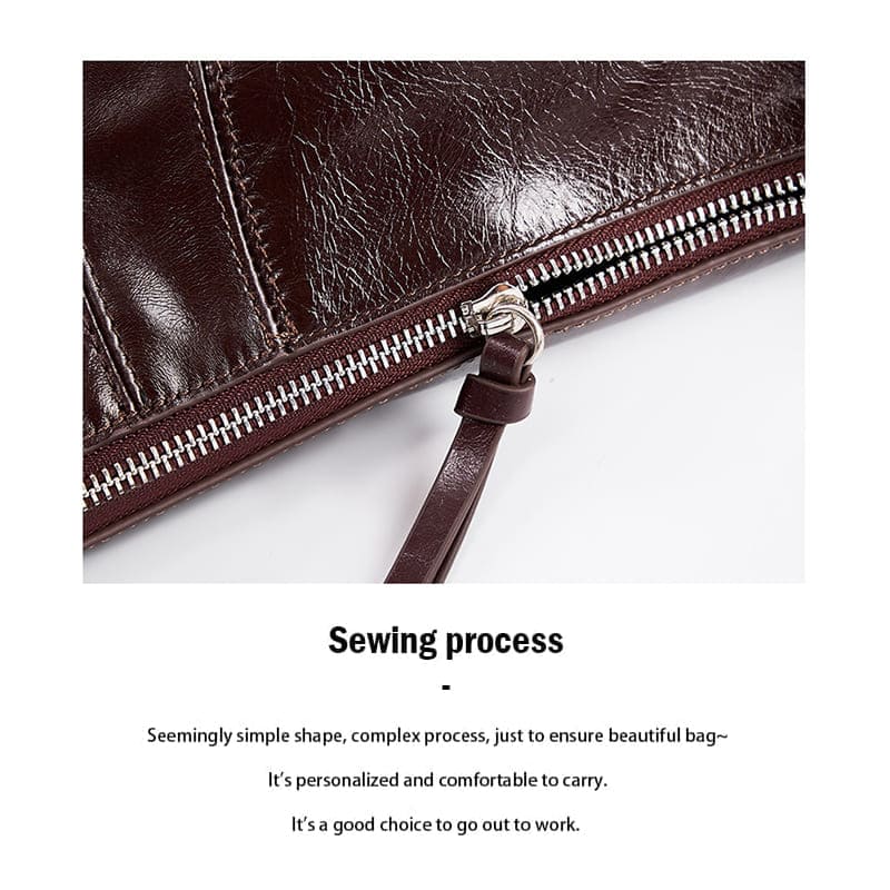 A Coffee Women Genuine Leather Horn-Shaped Shoulder Personalized Crossbody Bag Sewing process