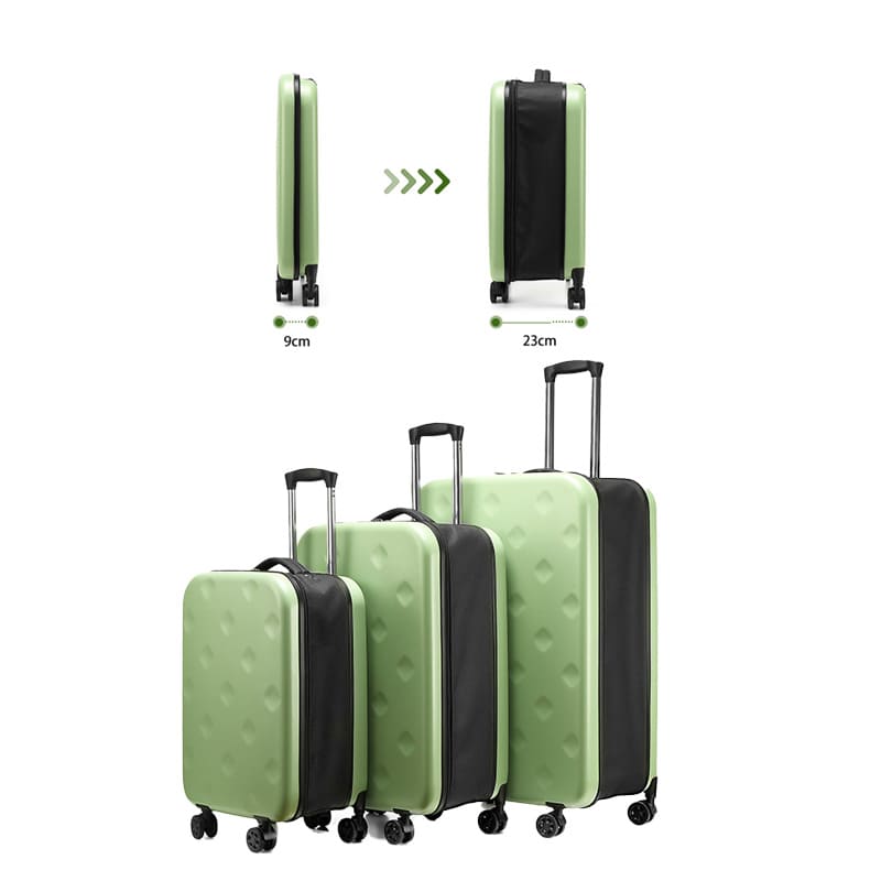A green Portable foldable suitcase expands for easy stroage luggage boarding expansion display