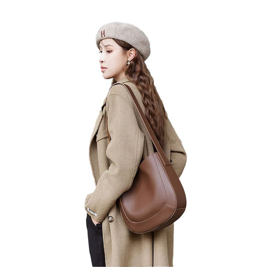 A Modle show off the coffee Retro For Women's Crossbody Bags Stylish cowhide leather shoulder bag
