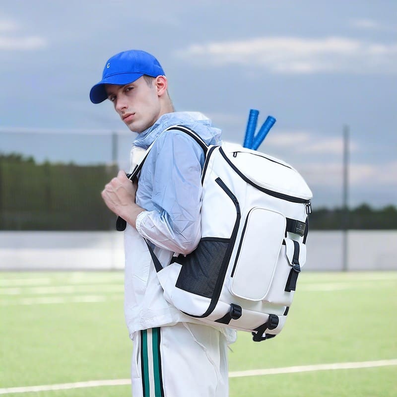 A model show off the white Travel work sports hiking multi-functional backpack racket storage bag