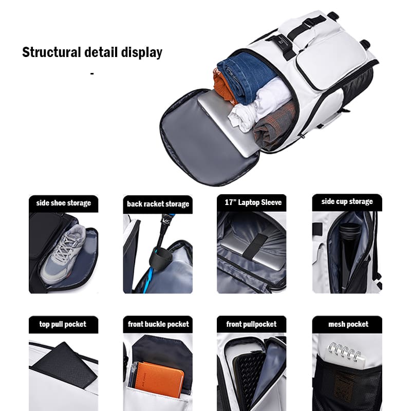 A white Travel work sports hiking multi-functional backpack racket storage bag structure detail display