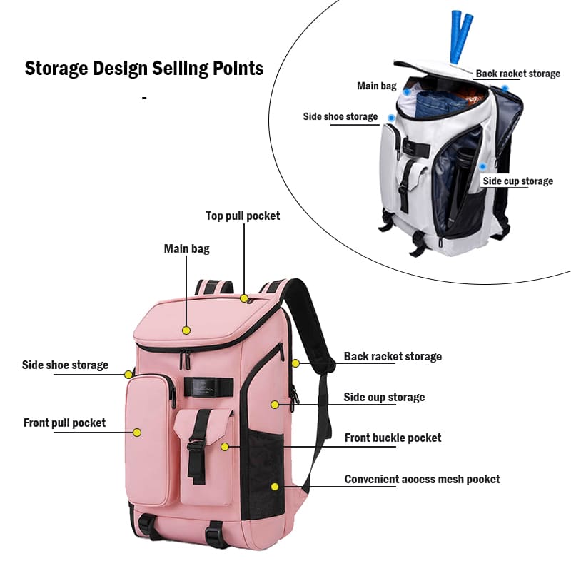 A white and pink Travel work sports hiking multi-functional backpack racket storage bag storage design selling points