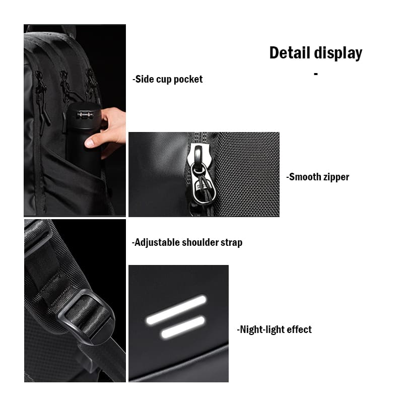 A Black Men's Casual Laptop Bag Waterproof Fabric Travel Lightweight Backpack details