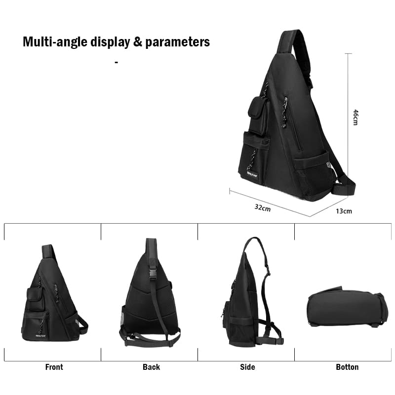 A Black Daily Waterproof Oxford cloth Chest bag & hipster lightweight shoulder bag multi angle display and parameters