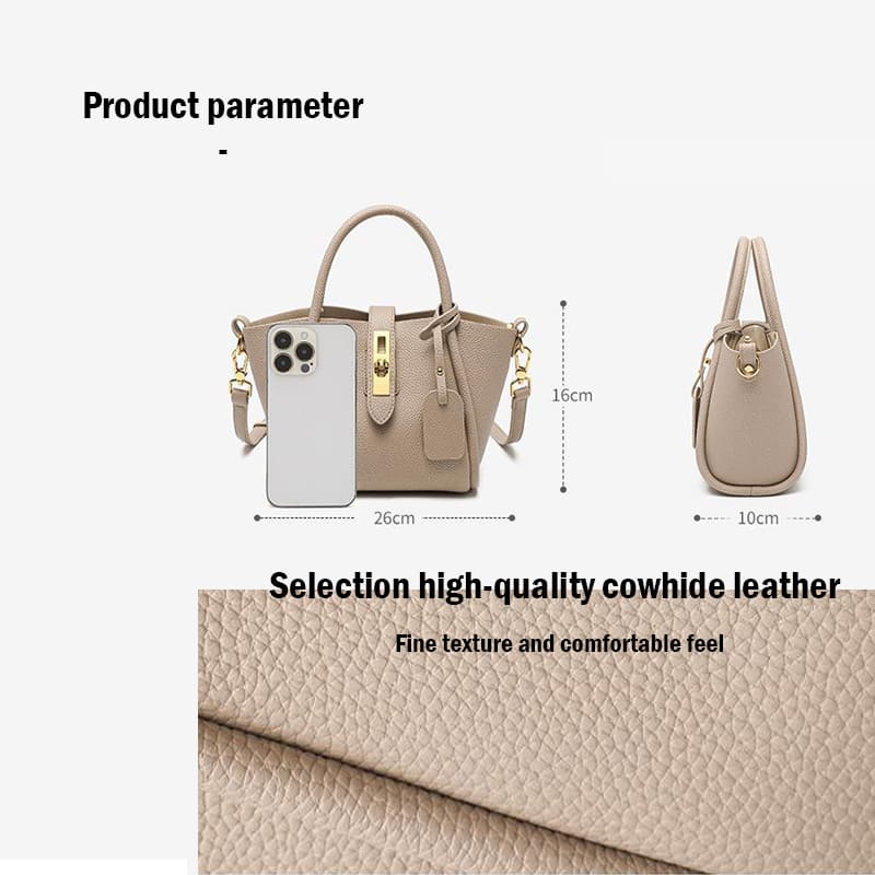 Product image of a grey classic cowhide leather casual handbag for women crossbody bag product parameter.
