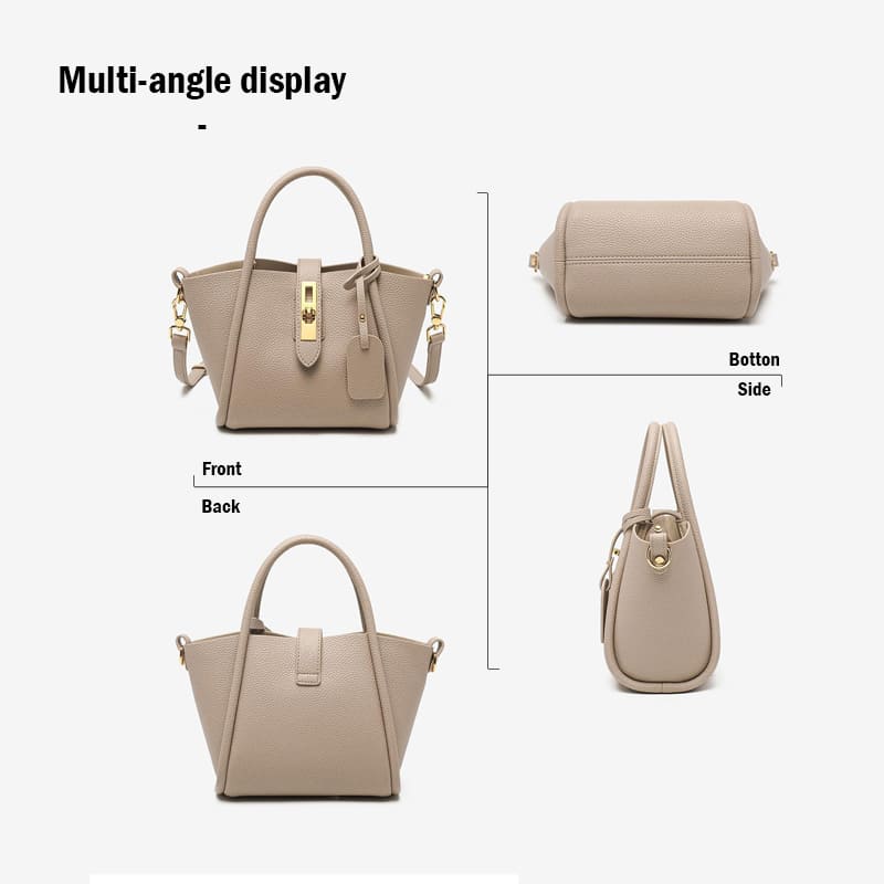 Product image of a grey classic cowhide leather casual handbag for women crossbody bag multi angle display.