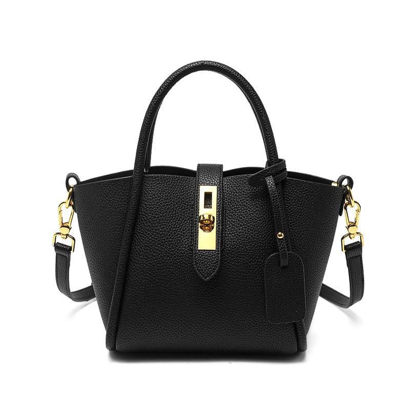 Product image of a black classic cowhide leather casual handbag for women crossbody bag.