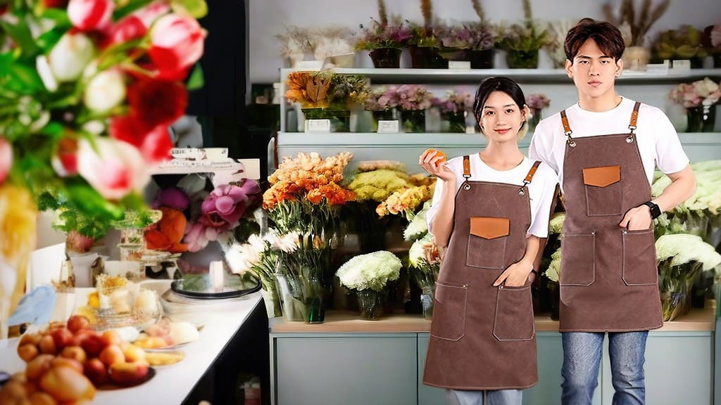 Fashion models play the role of professional florists in the flower shop scene, showing blue aprons, showing wearing effects - view images