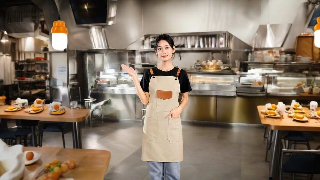 Fashion models play the role of professional chefs in the kitchen scene, showing blue aprons, showing wearing effects - view images