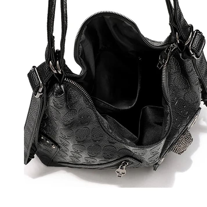 Women's Punk Handbag - Riveted Skull Crescent Tote Bag