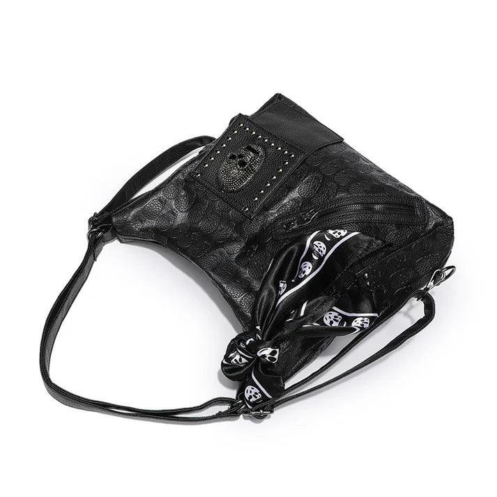 Women's Punk Handbag - Riveted Skull Crescent Tote Bag