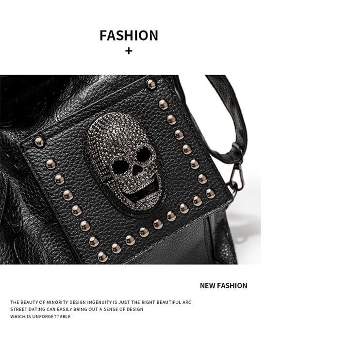 Women's Punk Handbag - Riveted Skull Crescent Tote Bag