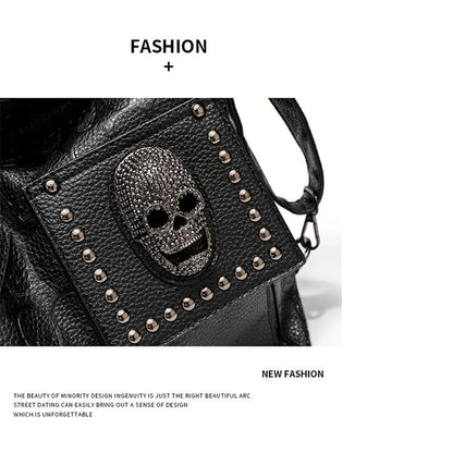 Women's Punk Handbag - Riveted Skull Crescent Tote Bag