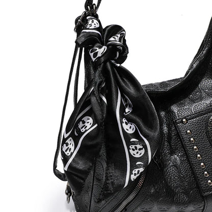 Women's Punk Handbag - Riveted Skull Crescent Tote Bag