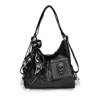 Women's Punk Handbag - Riveted Skull Crescent Tote Bag