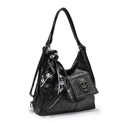 Women's Punk Handbag - Riveted Skull Crescent Tote Bag