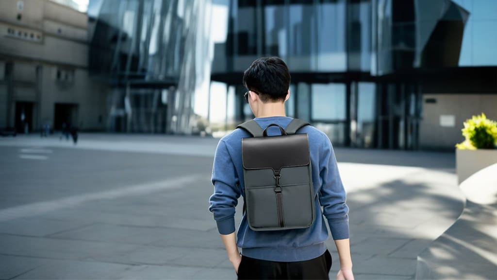 A model presents a product image of a professional waterproof backpack with a 16-inch laptop for business commuting3