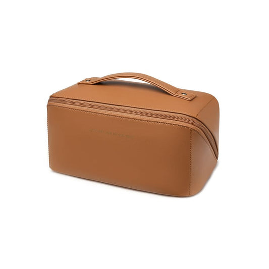 A brown Women PU Large capacity Makeup Bag Travel Toiletries Storage Bag